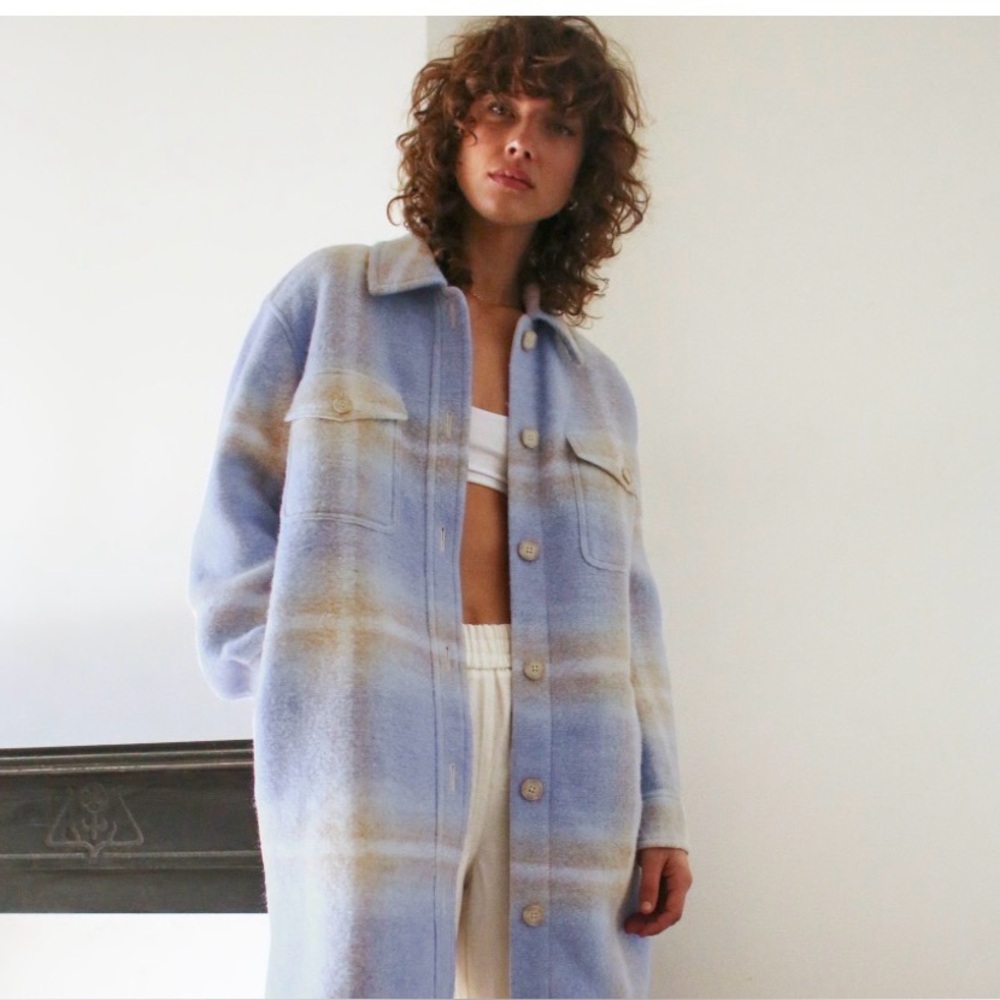 Wilfred ganna shirt jacket L Blue and Beige Wool-Blend Shacket - Picture 1 of 5